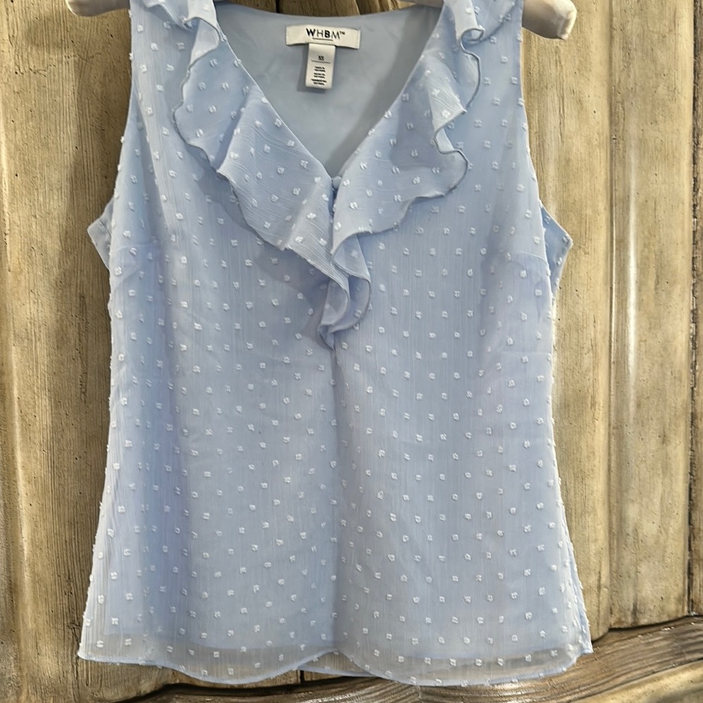 White House Black Market Blue Ruffled Sleeveless Blouse